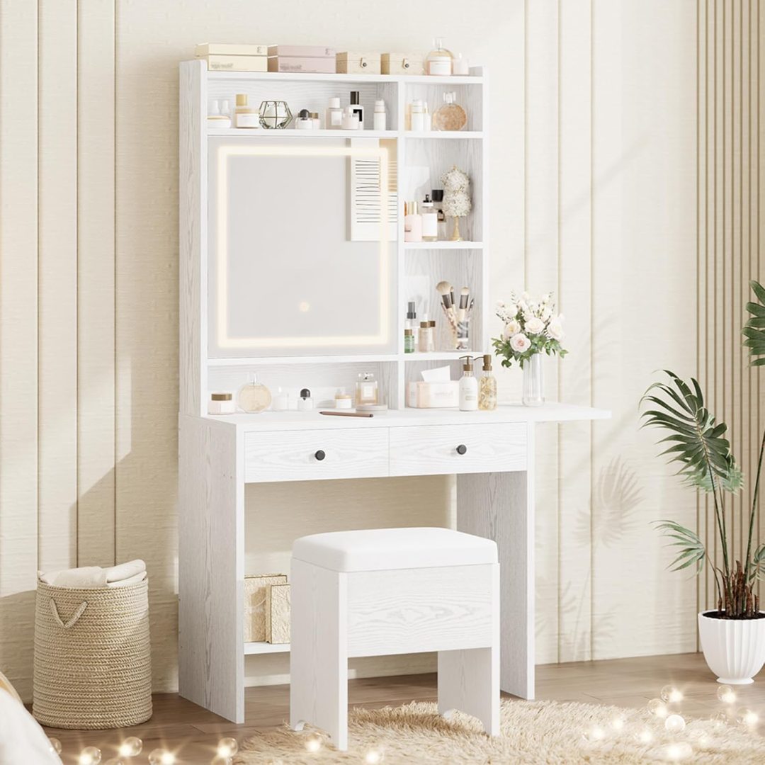 Vanity Desk with Mirror and LED Lights, Jewelry Cabinet, Makeup Dressing Table Set with Drawers, Storage Shelves, for Bedroom