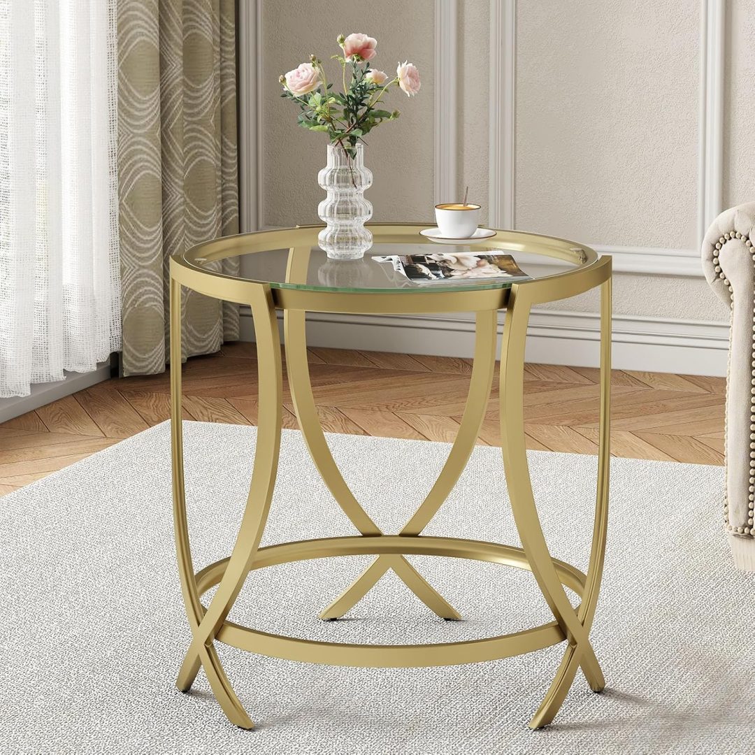 Round End Table, Glass Side Table with Tempered Glass and Metal Frame, Gold Nightstand for Living Room, Bedroom and Office