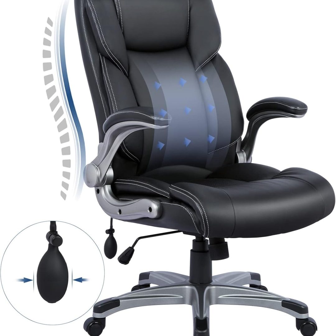 High Back Executive Office Chair- Ergonomic Home Computer Desk Leather Chair with Padded Flip-up Arms, Adjustable Tilt Lock, Swivel Rolling Chair for Adult Working Study