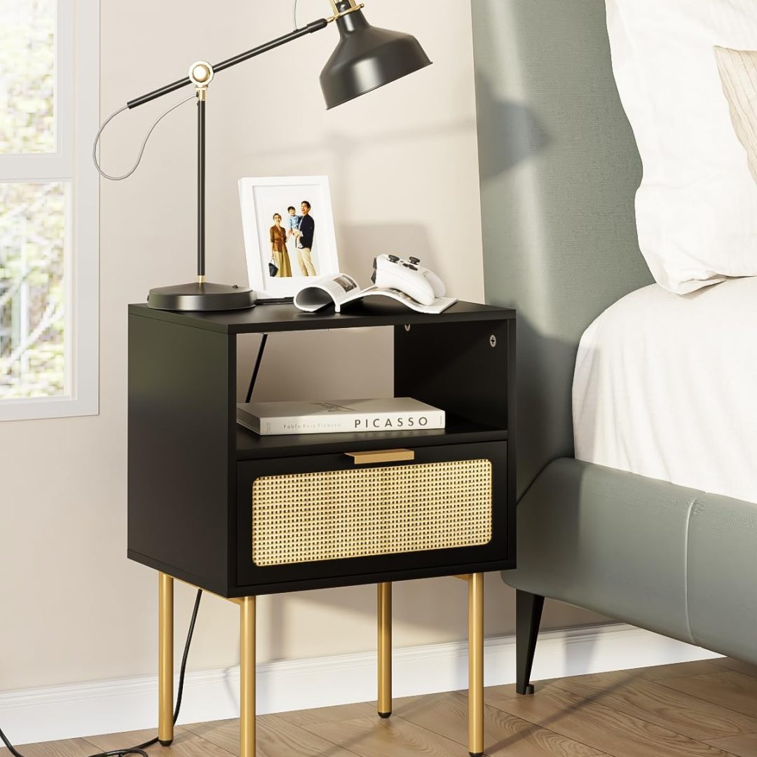 Nightstand with Charging Station, Small Side Table, Modern Night Stand with Drawers, Bedside Table for Bedroom, Living Room End Table, Black Rattan