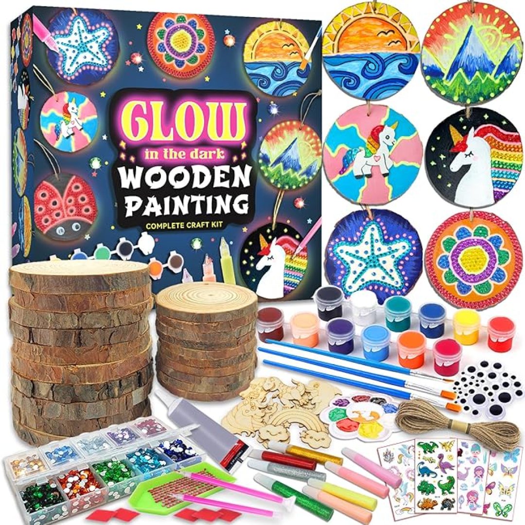 Kids Wooden Painting Kit-Glow in The Dark-Arts & Crafts Gifts for Boys Girls Ages 5-12-Wood Slice Craft