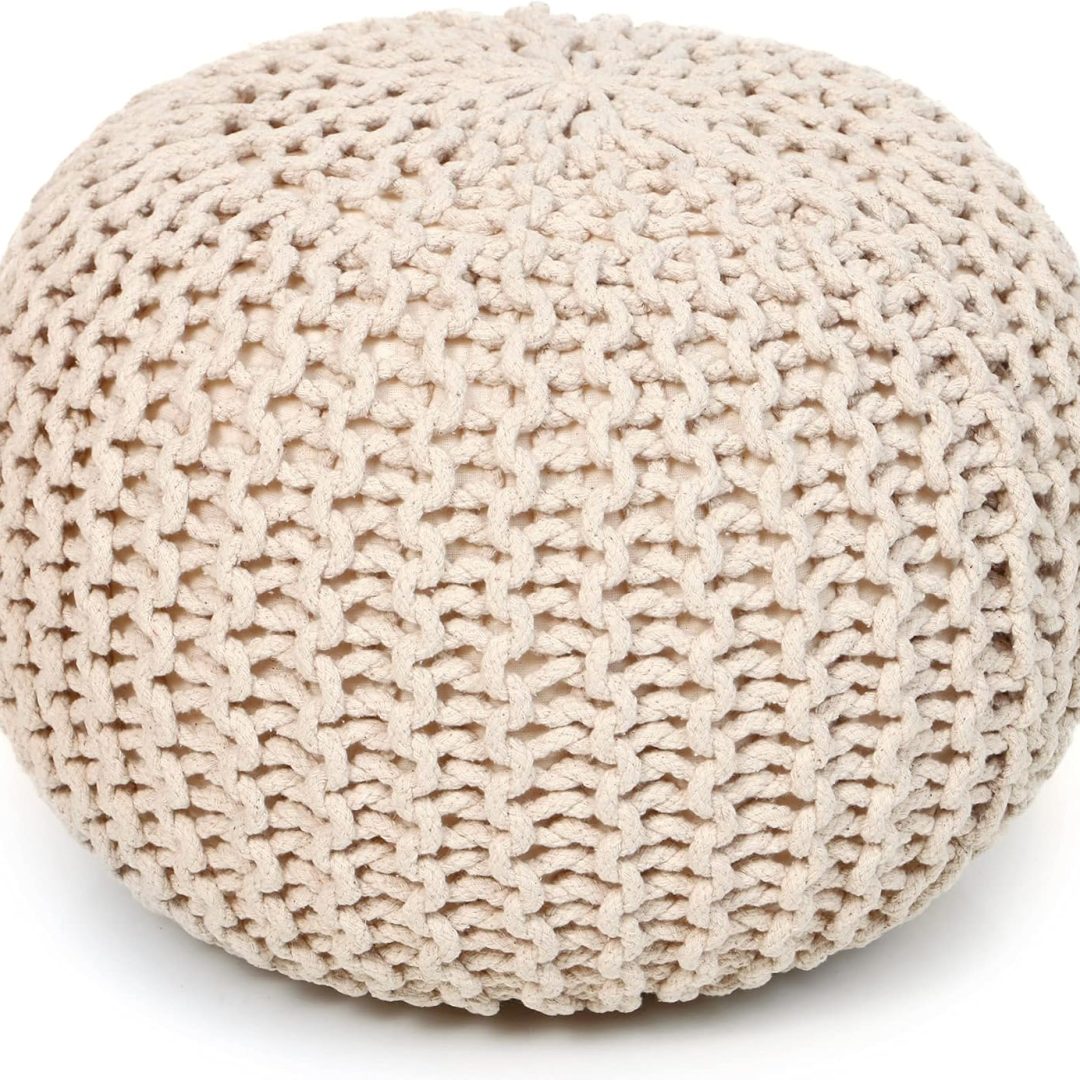 Round Pouf Ottoman – Cable Knitted Boho Poof – Home Décor Cord Pouffe Handmade Circular Footrest for Living Room – Bedroom – Kids Bedroom – 100% Cotton Pouf (18″x18″x14″)