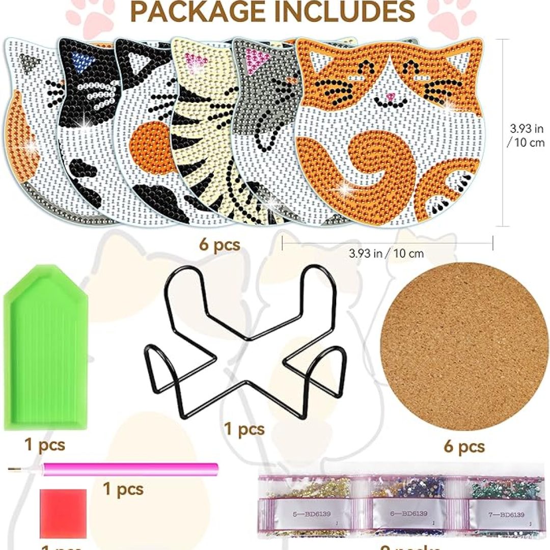 6 Pcs Cat Diamond Art Coasters with Holder