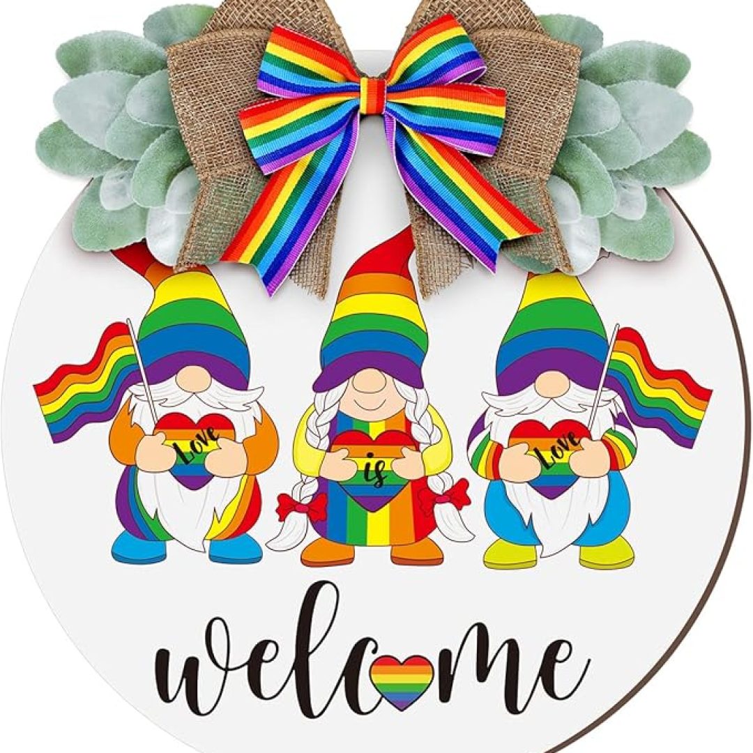 Wooden Hanging Door Sign Rainbow Gnome Welcome Sign
