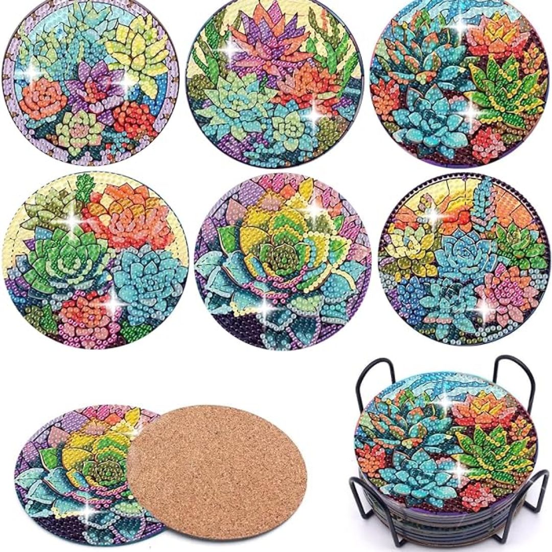 6pcs Succulent Plants Diamond Art Coasters Cactus Flowers Diamond Art Coasters Kits with Holder