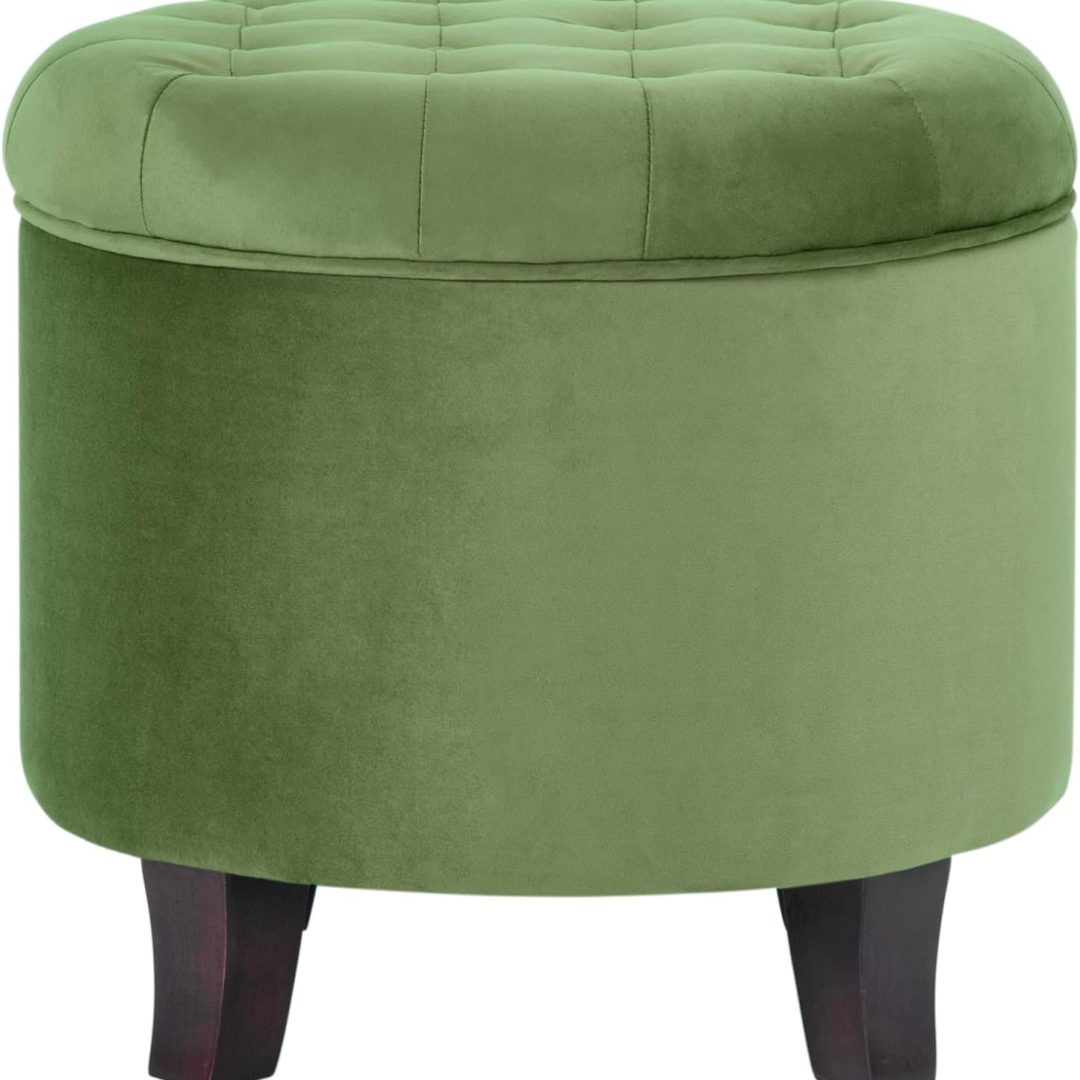 Upholstered Round Velvet Tufted Foot Rest Ottoman | Ottoman with Storage for Living Room & Bedroom