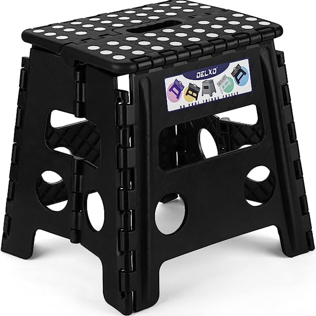 Folding Step Stool, 13 inch Non-Slip Foldable Stools for Kids & Adults Up to 300 LBS, Step Stool with Handle, Lightweight for Kitchen, Bathroom, Bedroom, Garden, Black, 1PC