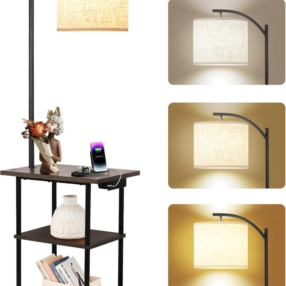 Floor Lamp with Table, End Table with Charging Station(USB & Type-C & AC Port), 3 Color Temperatures 9W LED Bulb, Modern Shelves Side Table