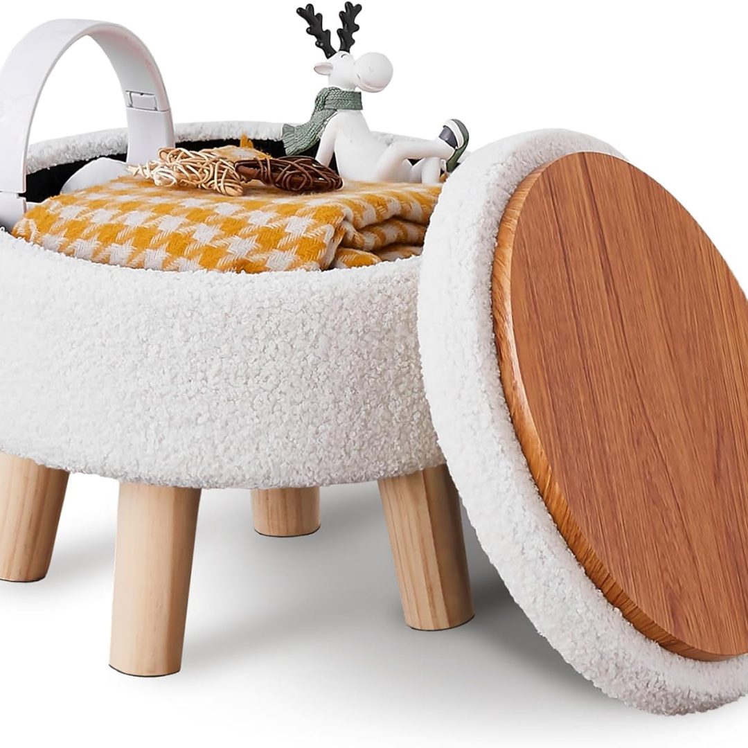 Modern Round Footrest with Soft Padded Seat, Teddy Velvet Footstool with Wood Legs, Accent Small Table or Plant Stand for Hallway
