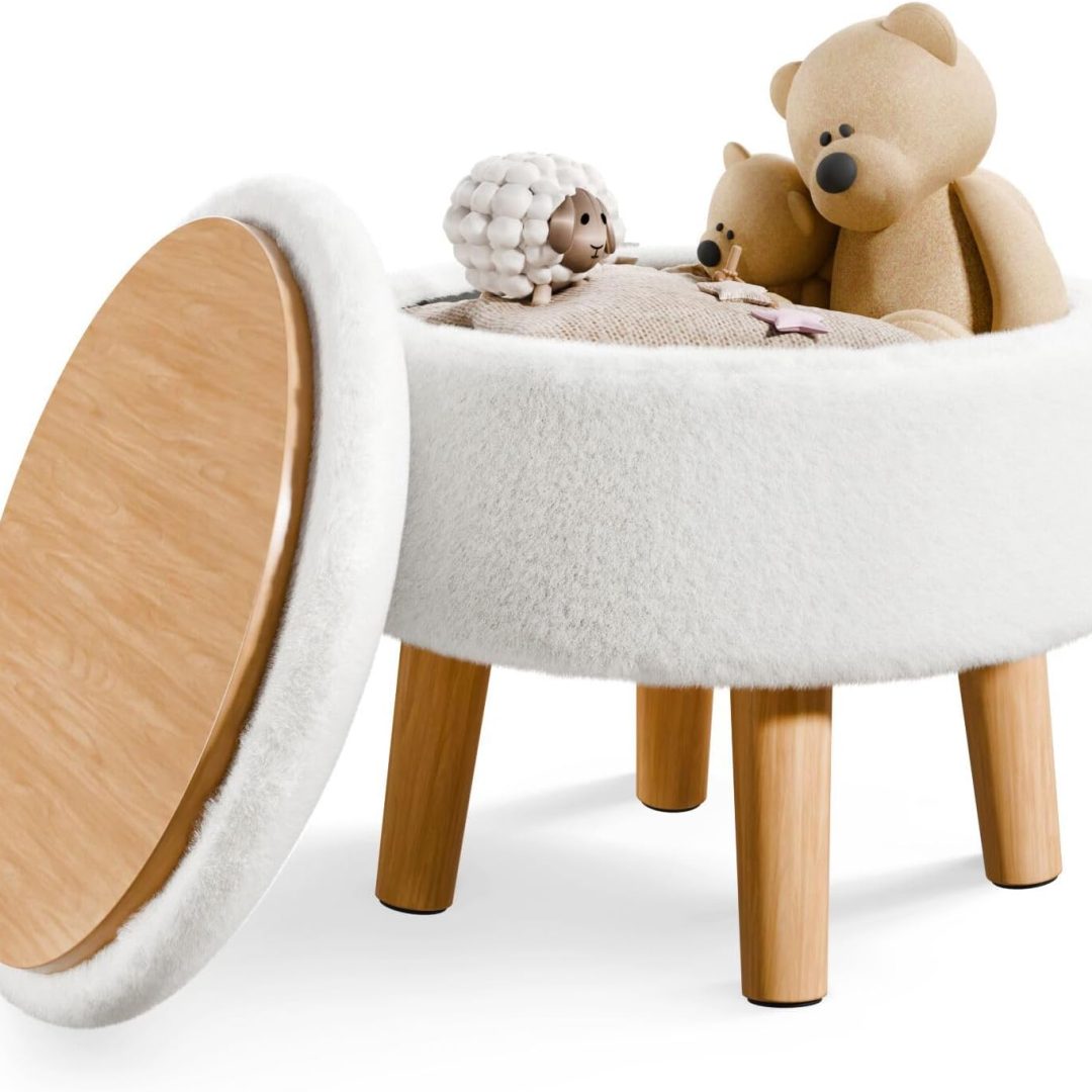 Poofzy Ottoman with Storage, Faux Fur Storage Ottoman, Small Foot Stool Ottoman with Wood Legs, Small Ottoman Foot Rest