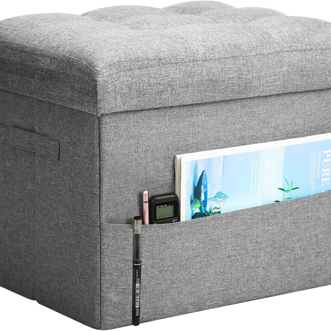 Storage Ottoman Foot Rest, Folding Linen Foot Stool with Thicker Foam Padded Seat. Small Ottoman with Storage Bench for Bedroom Living Room