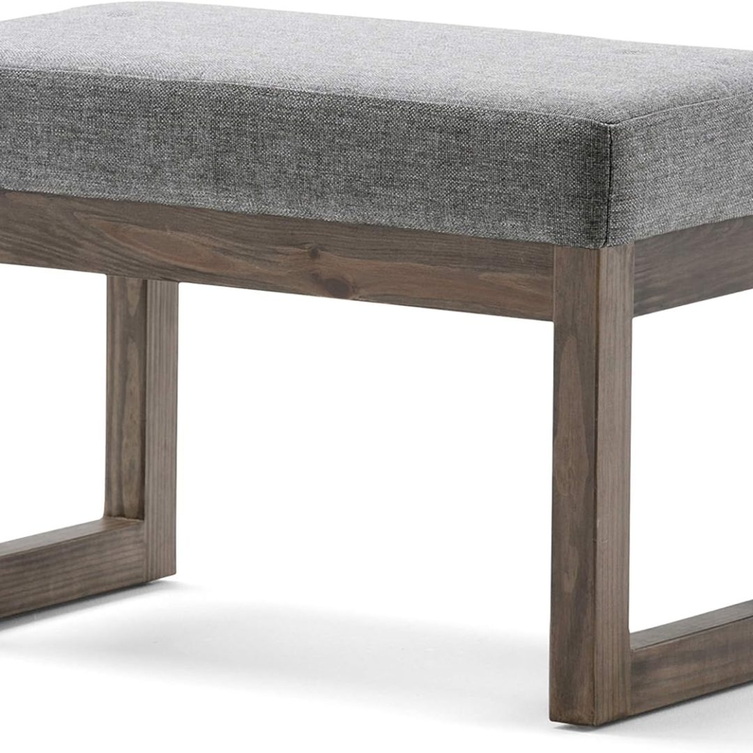 Wide Contemporary Rectangle Footstool Ottoman Bench in Grey Linen Look Fabric