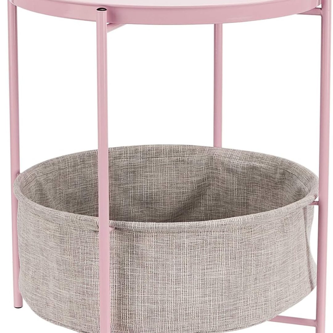 Round Storage End Table, Side Table with Cloth Basket, Dusty Pink, 17.7″D x 17.7″W x 18.9″H