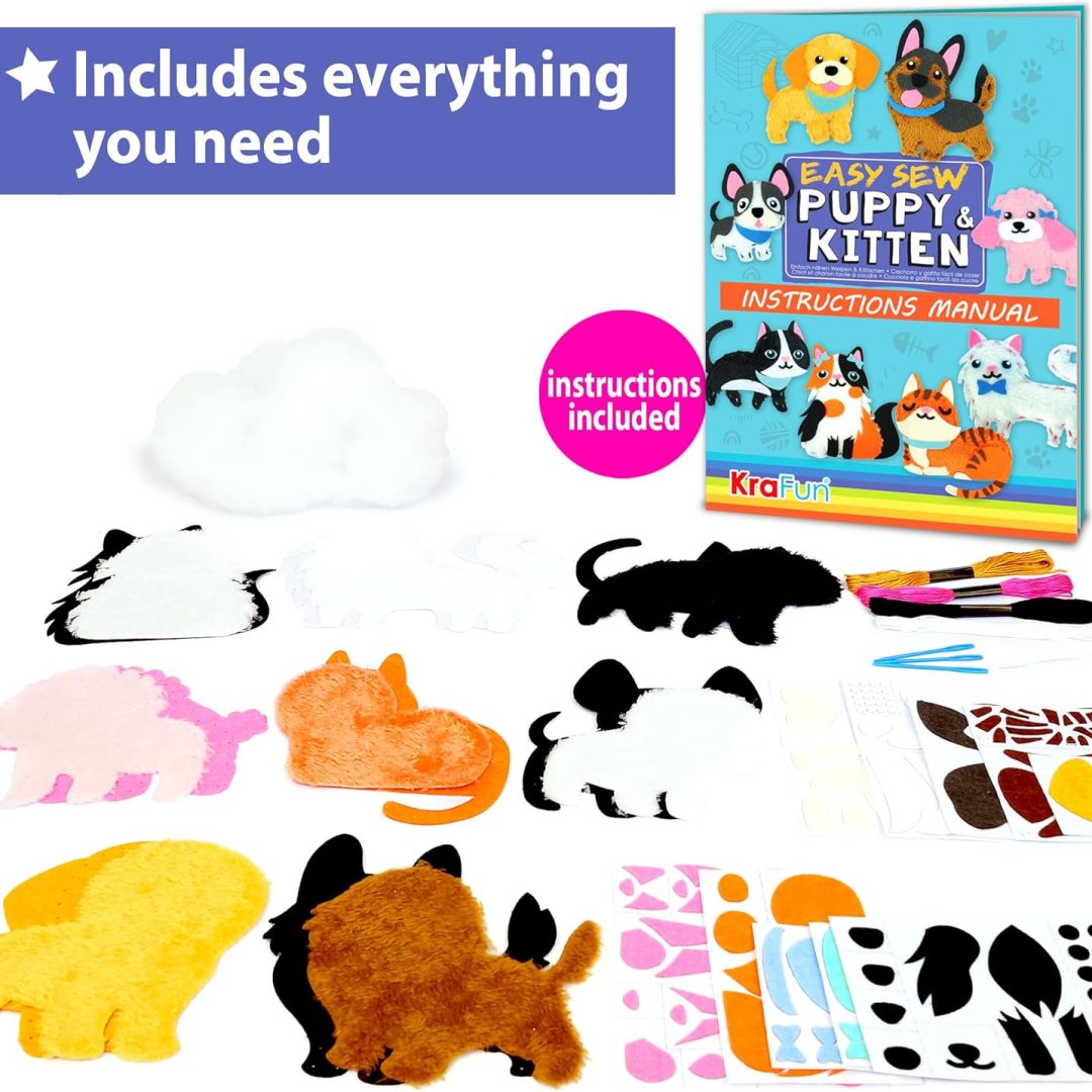 KRAFUN Easy Sewing Kit for Beginner Kids Arts & Crafts, 8 Easy DIY Projects