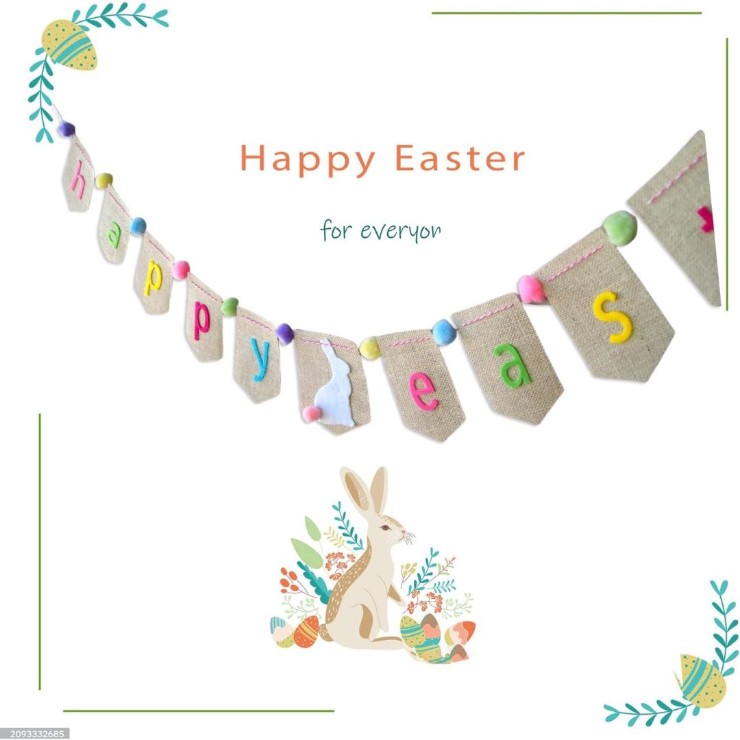 Happy Easter Burlap Banner – Spring Farmhouse Garland & Rabbit Decor