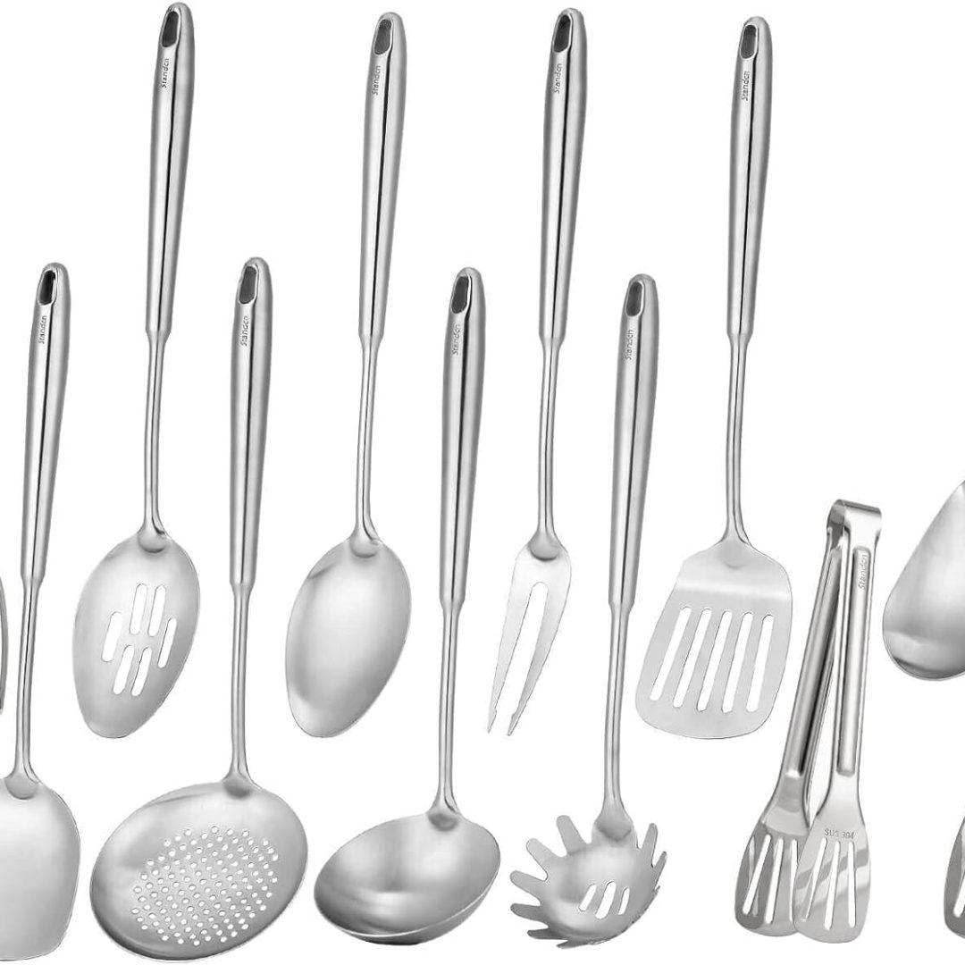 Stainless Steel Kitchen Utensils Set – 12 PCS Long All Metal Cooking Utensils & Large Serving Utensils