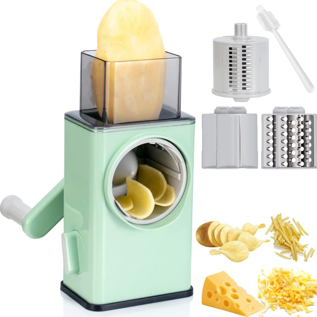 Rotary Cheese Grater Shredder – 3 Interchangeable Blades, Kitchen Manual Speed Slicer with Handle