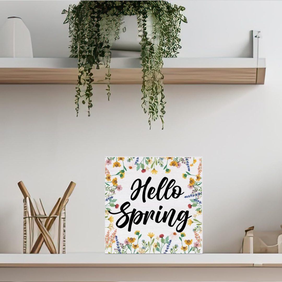 Rustic “Hello Spring” Wood Block Sign – 5″x5″ Farmhouse Shelf & Desk Decor