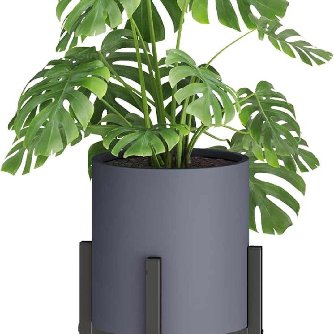 10 Inch Grey Cylinder Plant Pots with Heavy Duty Stand