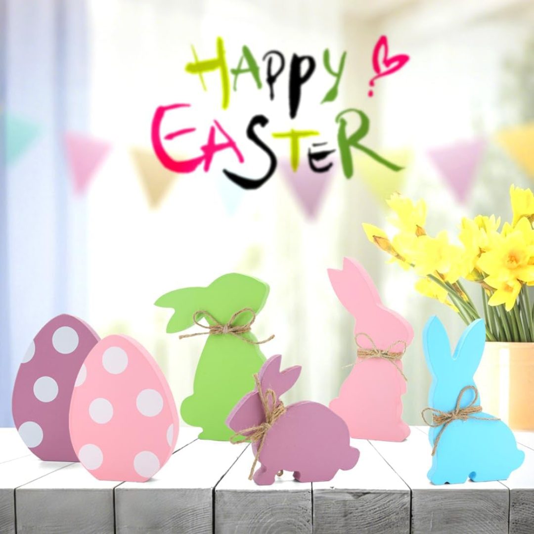 6-Pc Wooden Easter Bunny Egg Signs – Table Centerpiece & Tiered Tray Decor