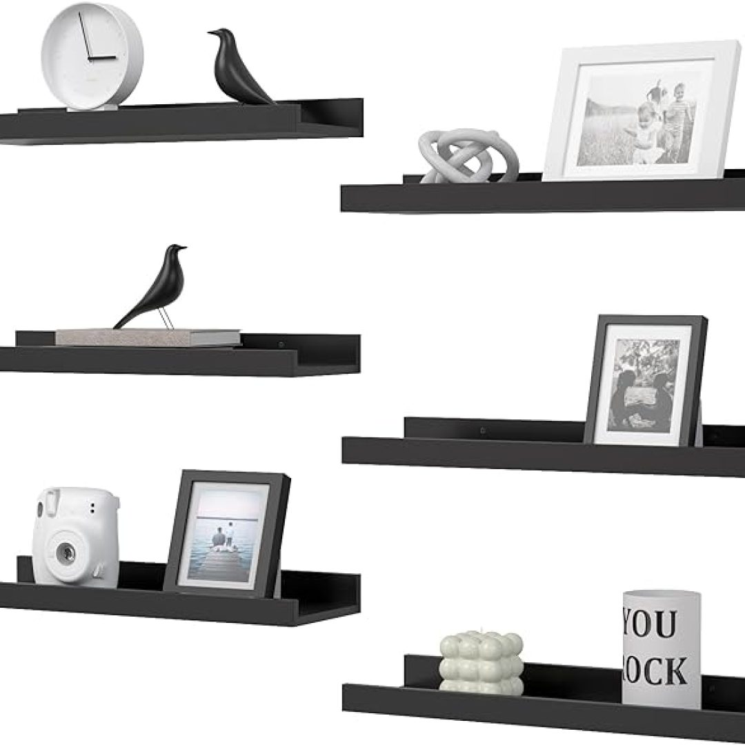 Set of 6, Black Wall Shelves with Lip