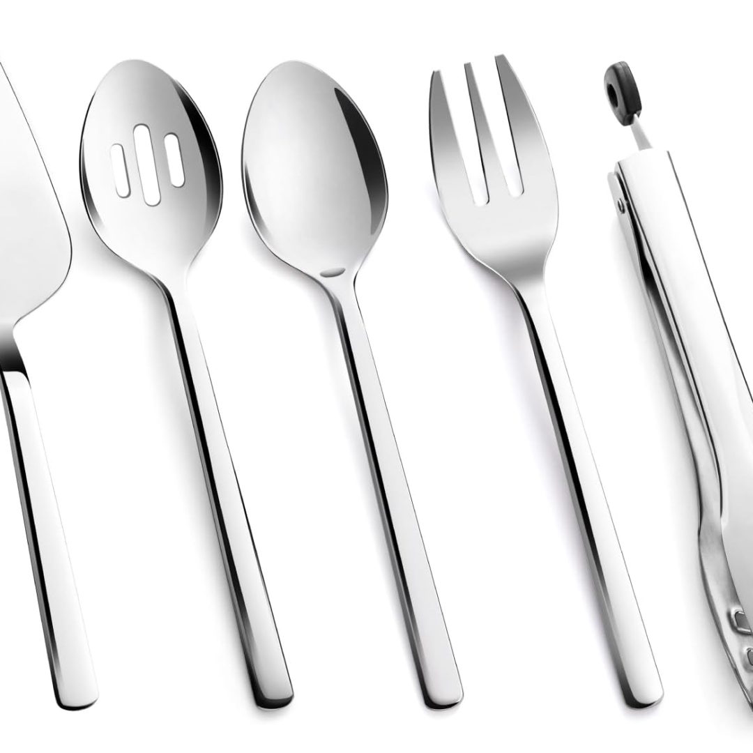 Large Hostess Serving Utensils Sets,18/10 Stainless Steel Heavy Duty 10inch Serving Spoons,Slotted Spoons,Serving Fork,Serving Tongs, Cake Pie Server