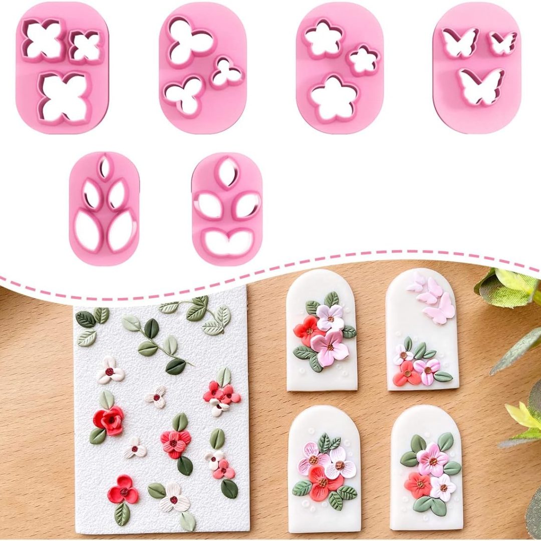 KEOKER Mini Polymer Clay Cutters – 6 Floral, Leaf & Butterfly Shapes for Jewelry Making