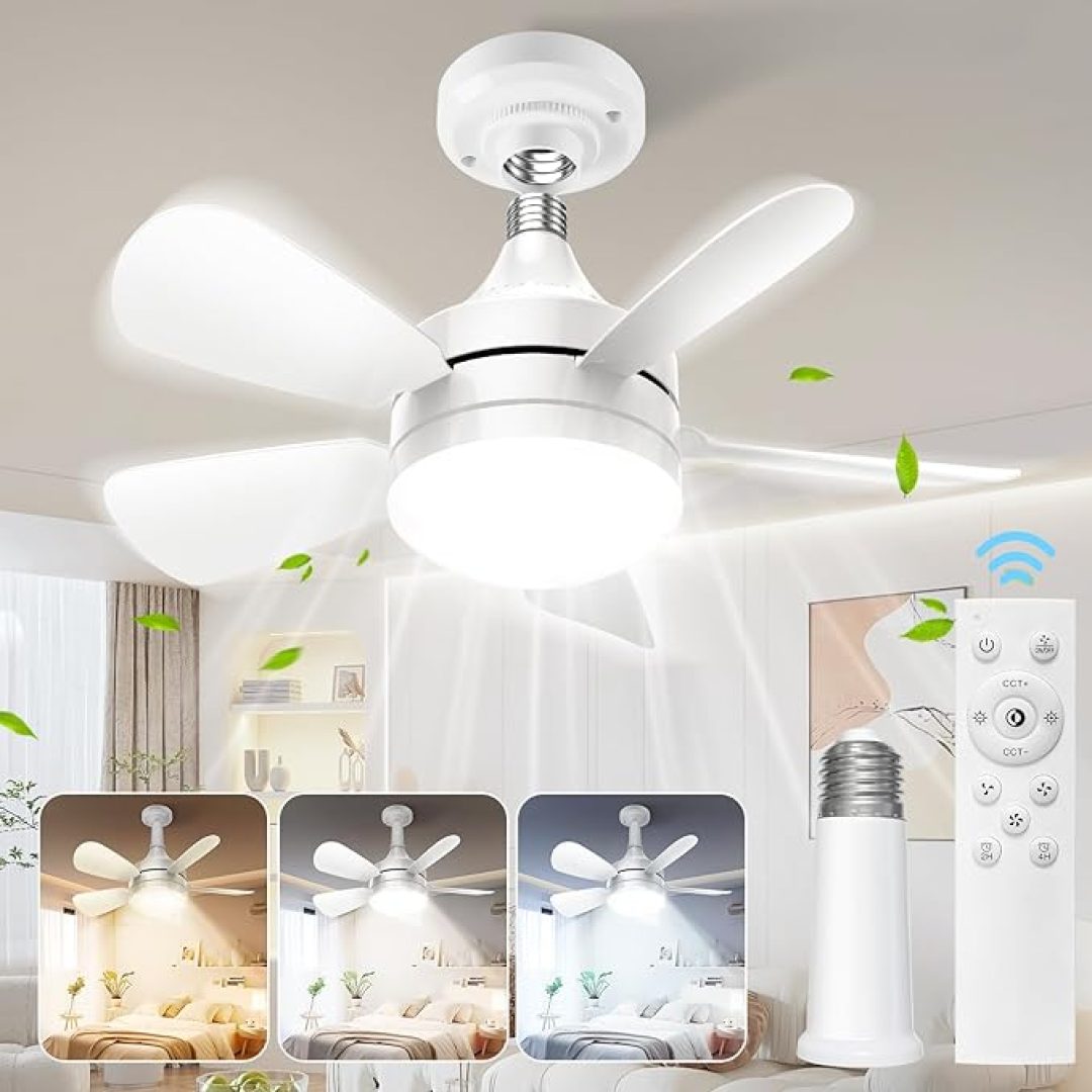Socket Fan light with Dimmable Led Light Bulb, 3 Colors