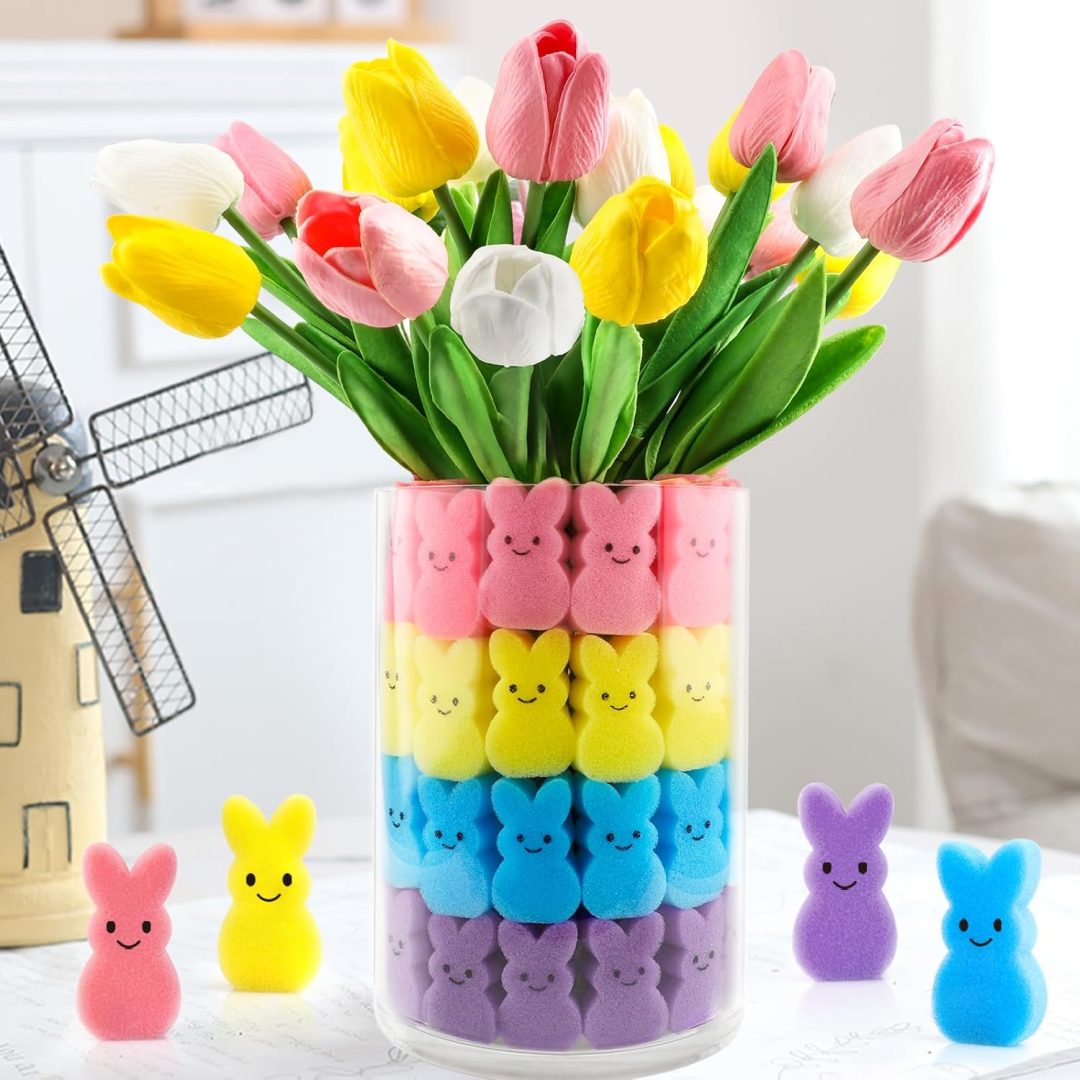 15 Artificial Tulips & 48 Bunny Vase Fillers – Easter Spring Décor for Home & Table Centerpieces