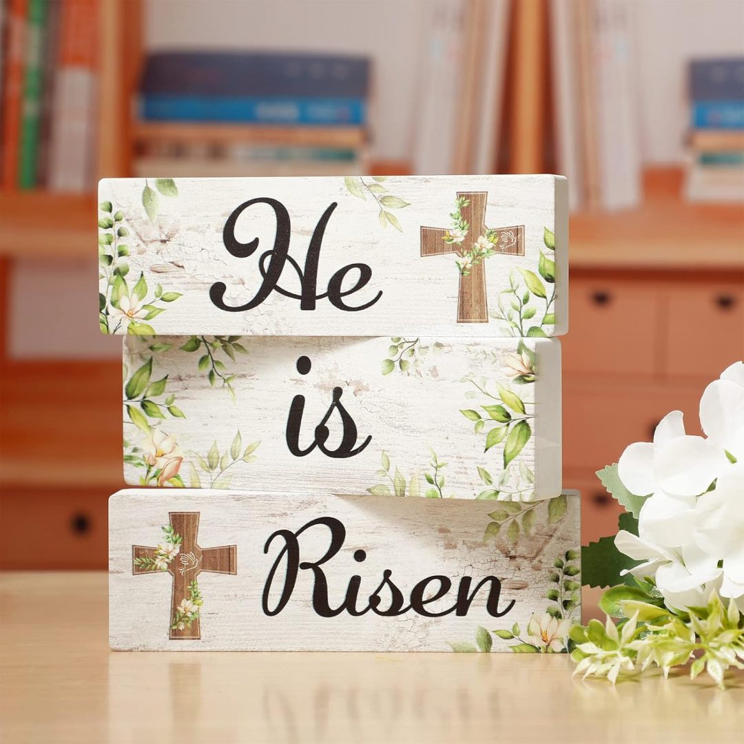 Set of 3 “He Is Risen” Wooden Table Signs – Religious Easter Tiered Tray & Table Decor