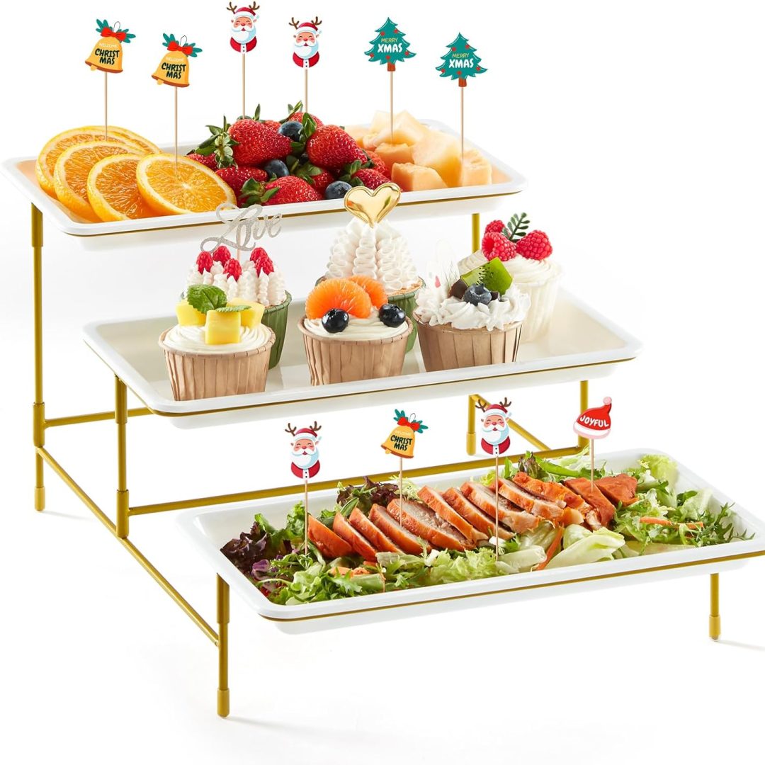 White Reusable Trays with Gold Metal Display Stand for Veggie, Fruit, Cookies, Dessert