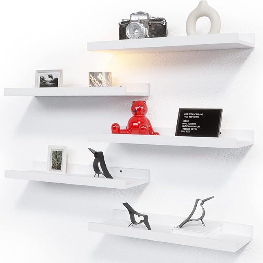 5 Set White Floating Shelves, Wall Mounted Shelves for Wall Decor