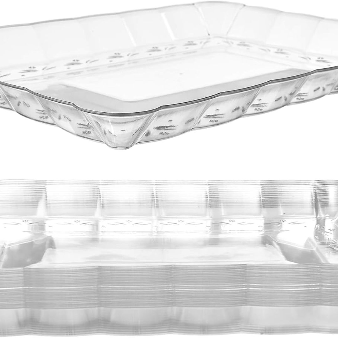 12-Pack Rectangular Plastic Serving Platter – 9×13 Inches Disposable Food Tray for Parties and Events
