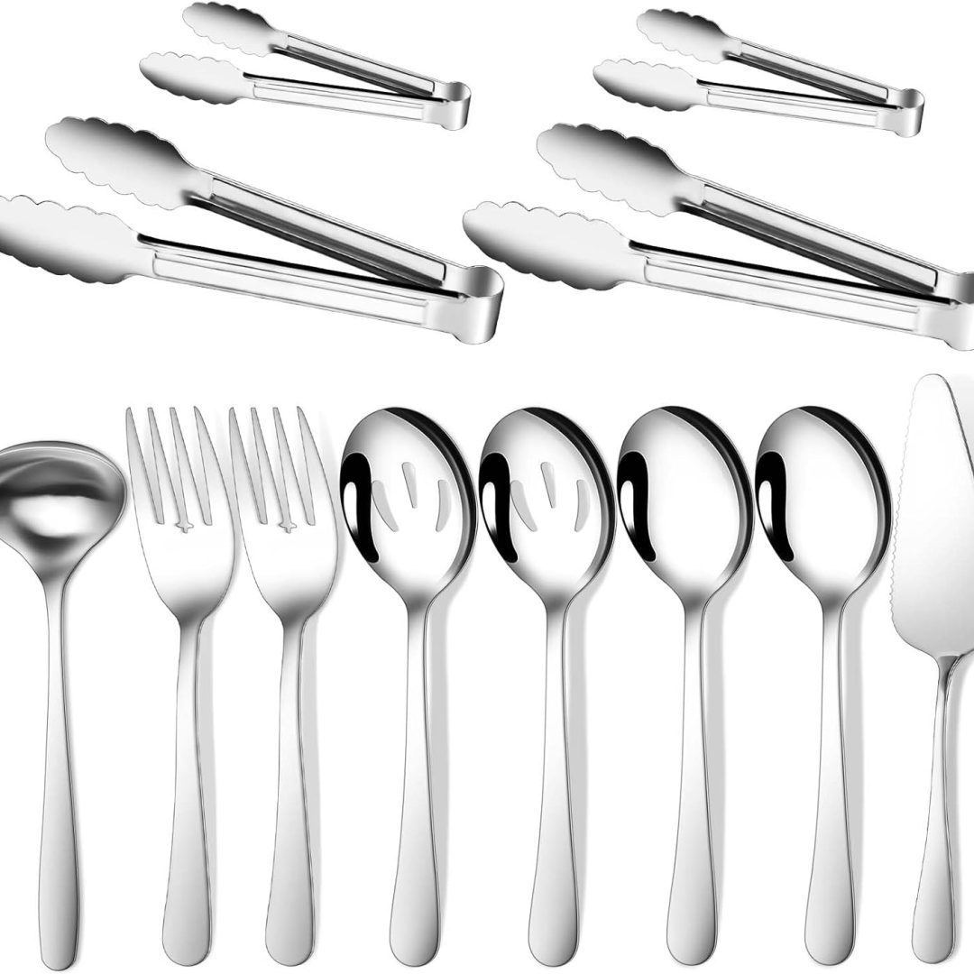12-Piece Serving Utensils Set – Spoons, Forks, Tongs, Ladle & Cake Server