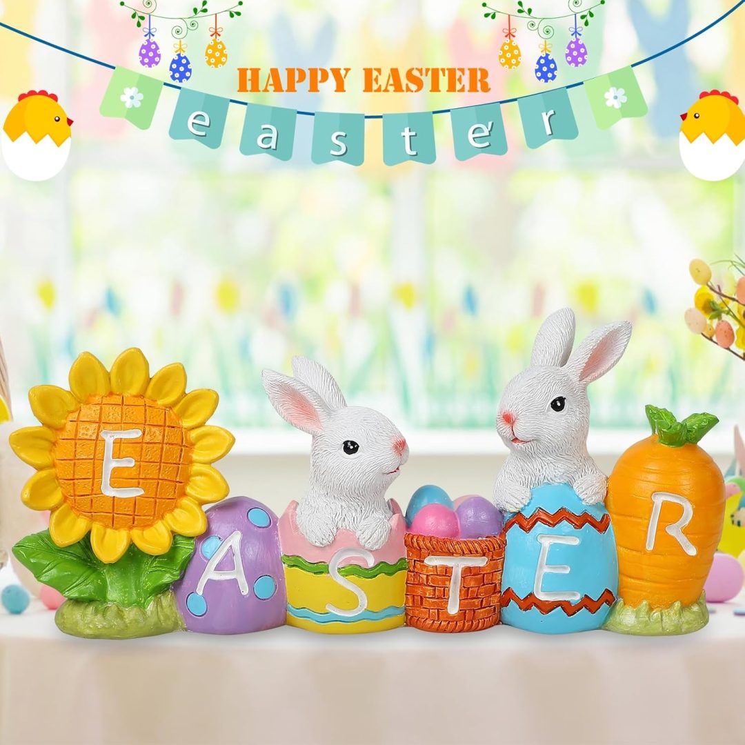 Easter Bunny & Eggs Resin Centerpiece – Festive Tabletop Figurine for Home & Office Decor