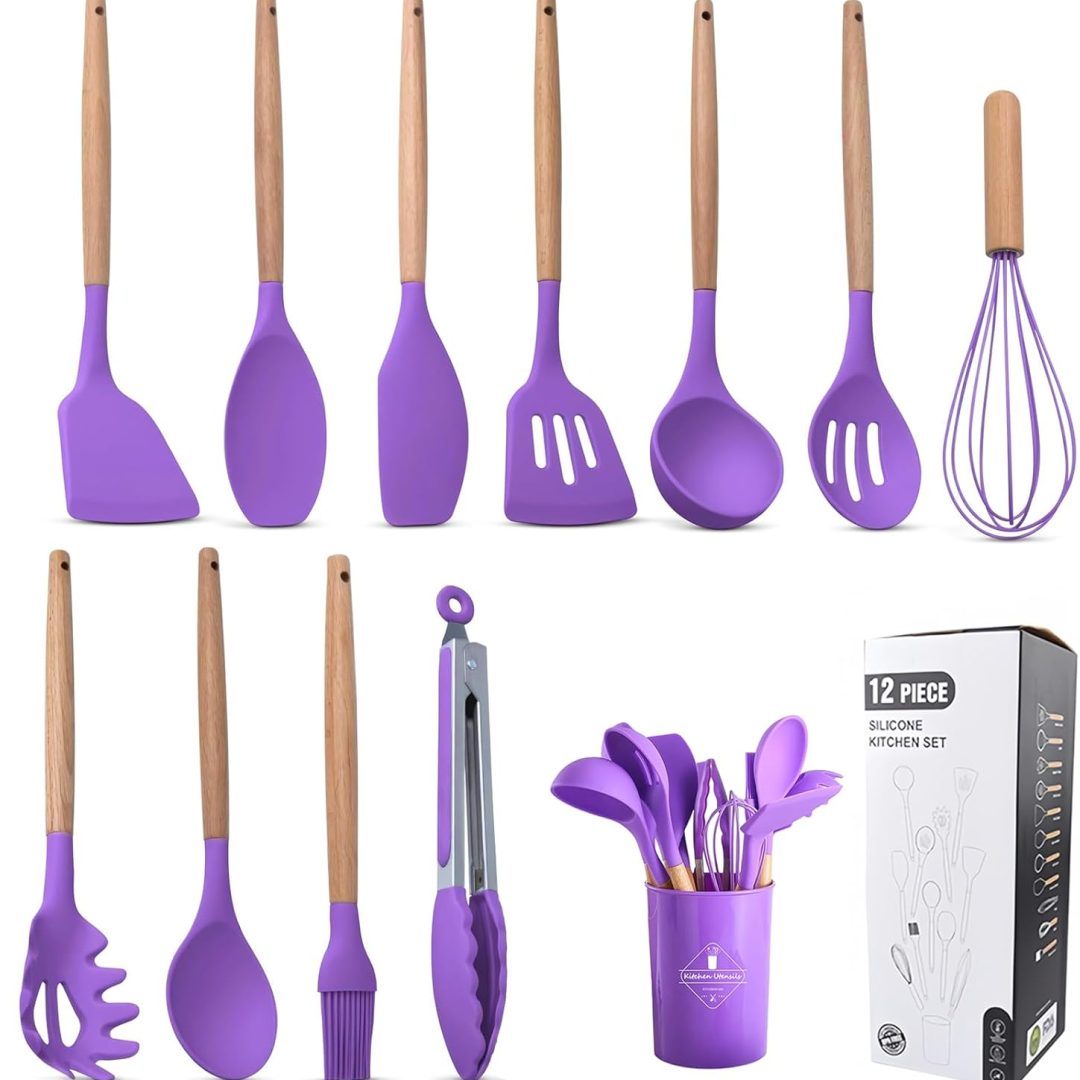 12 PCS Kitchen Utensils Set, Non-stick Kitchen Tools with Wooden Handle Holder
