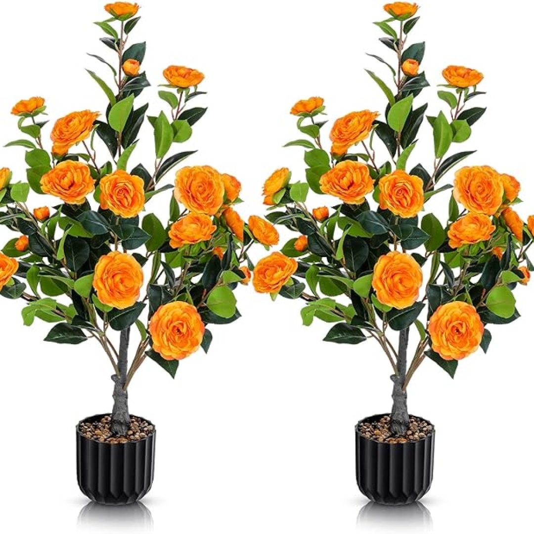 2 Pack Artificial Tree with Camellia, Fake Tree with 24 Blooming Flowers