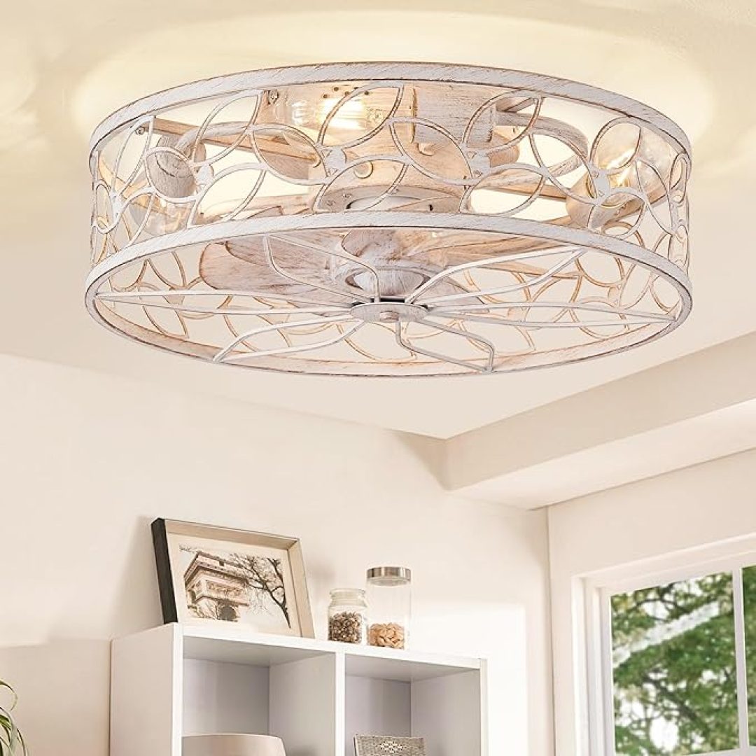 Caged Ceiling Fans with Lights, White Flush Mount Ceiling Fan with Remote