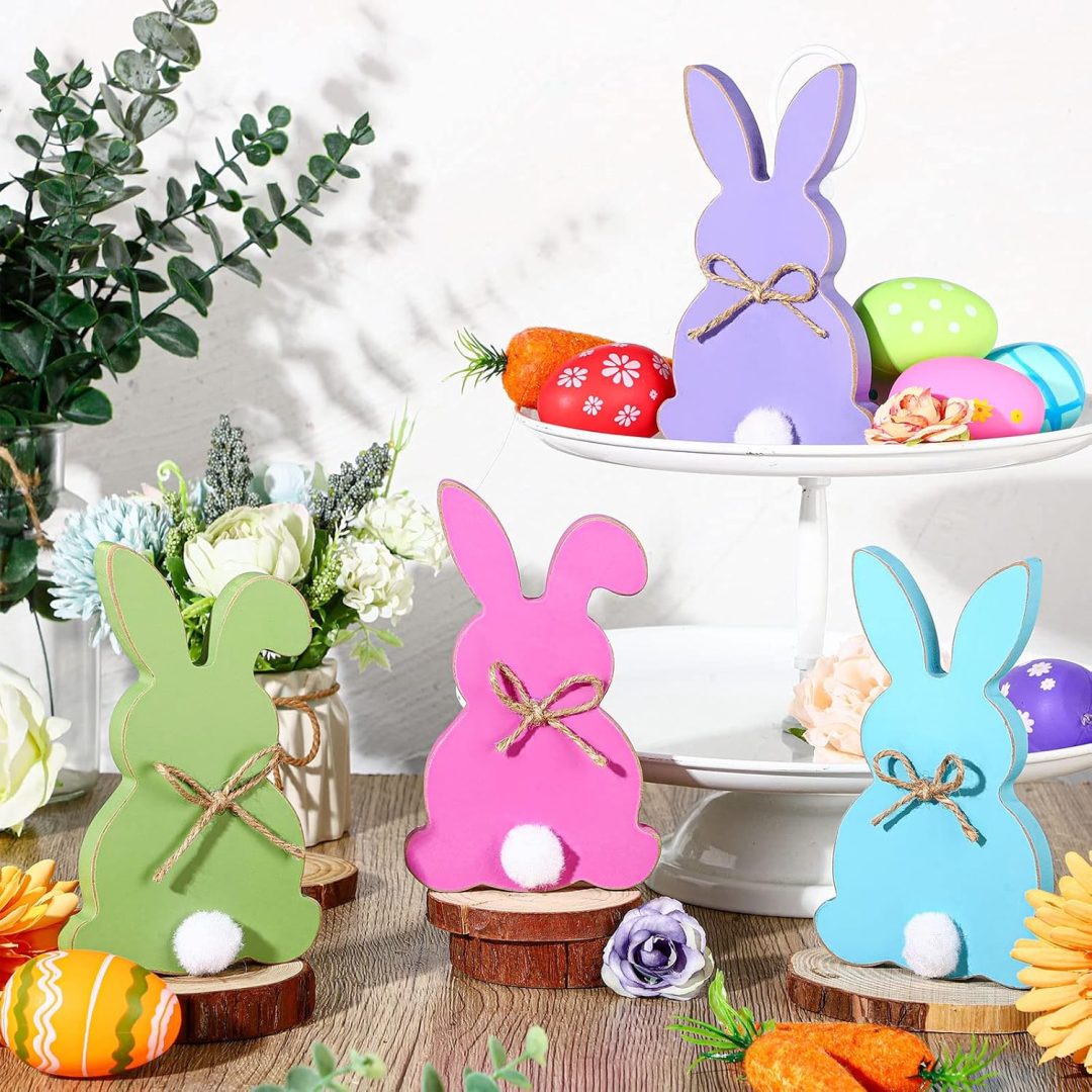 Bucherry 4-Pc Wooden Bunny Decor – Spring Tiered Tray & Table Centerpiece