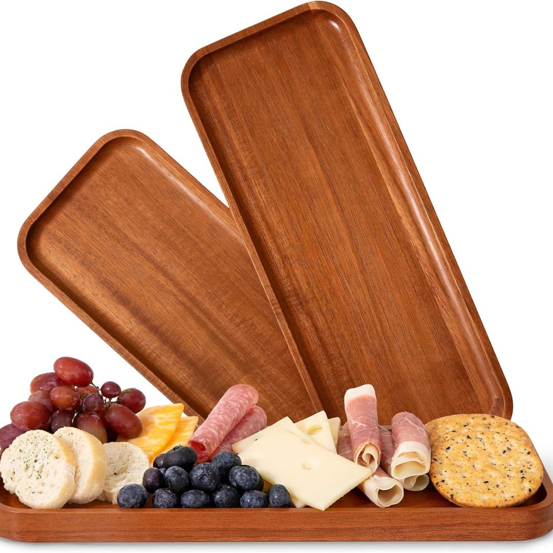 Solid Acacia Wood Serving Trays (14 x 5.5 inches) Rectangular Wooden Large Serving Platters for Food