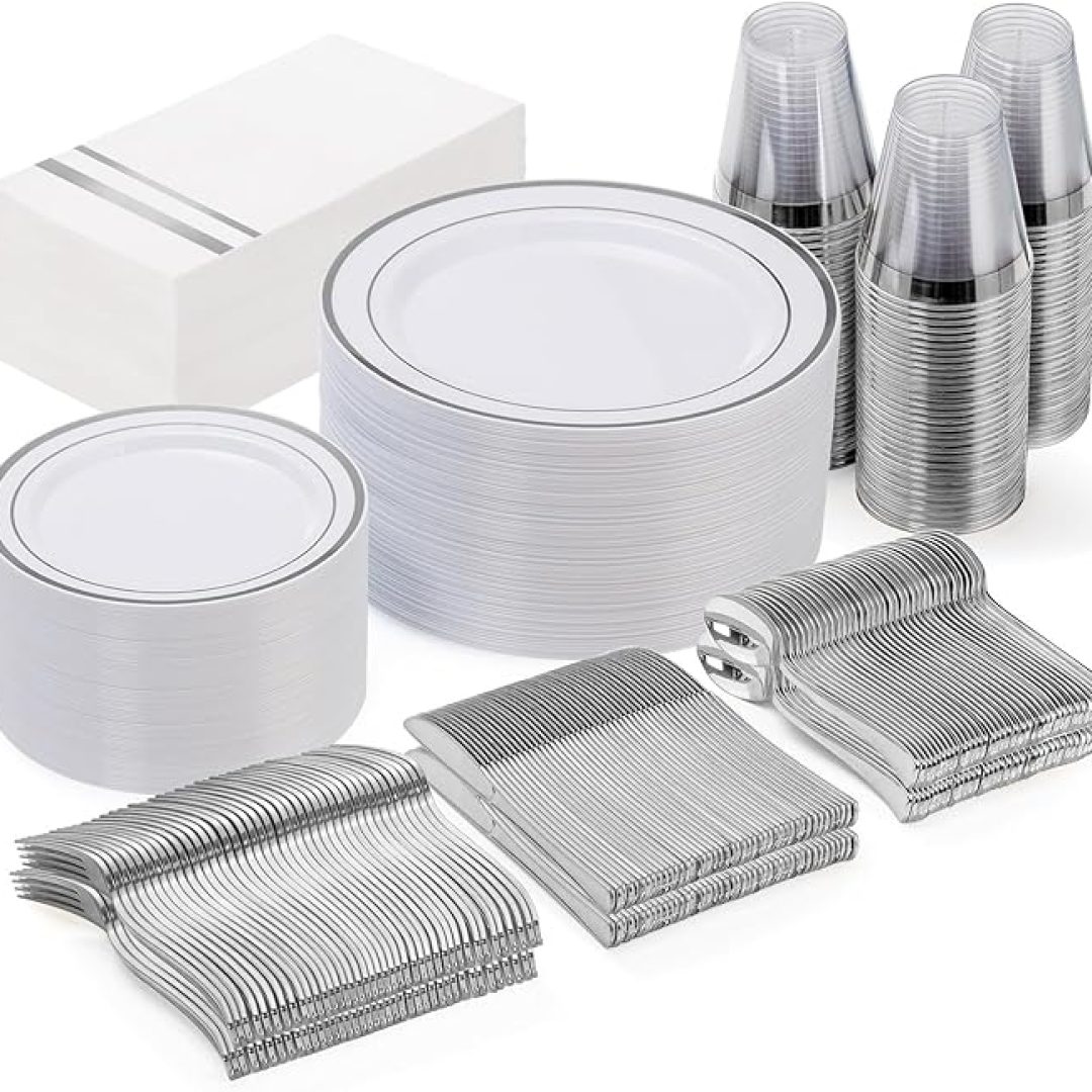 350pcs White and Silver Plastic Plates