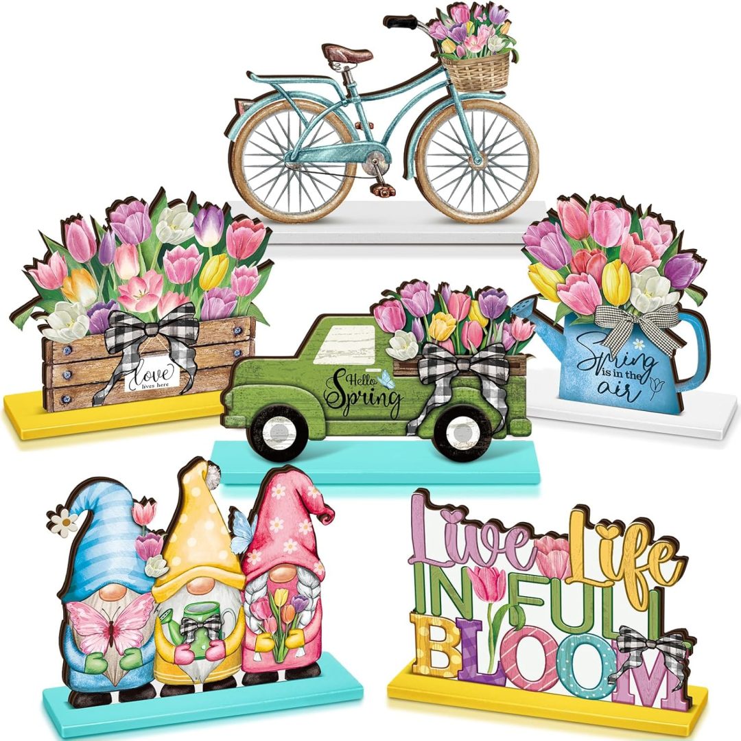 6-Pc Wooden Spring Table Centerpieces – Tulip & Gnome Truck Decor for Home & Parties