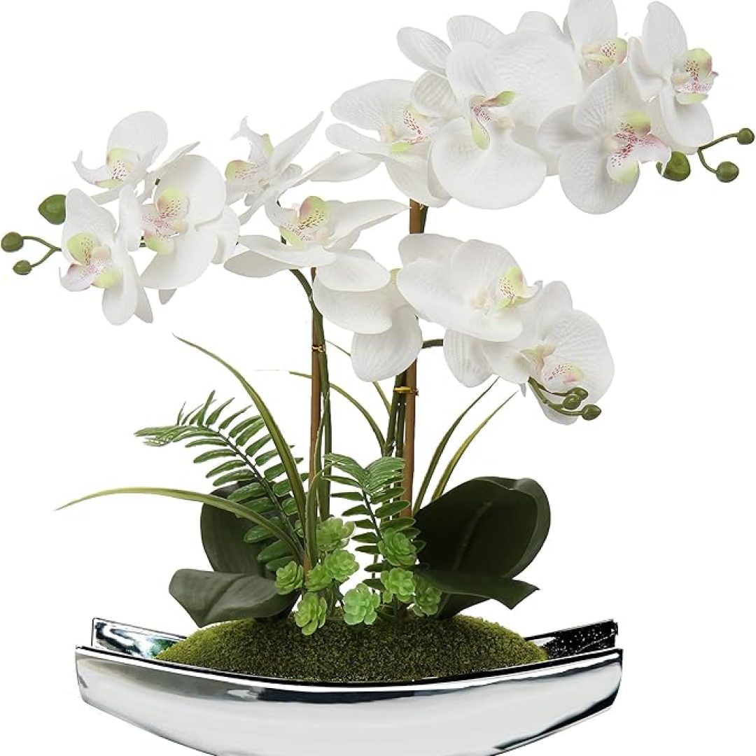 Orchids Artificial Flowers 15 White Phalaenopsis Orchid with Silver Pots Real Touch Faux Orchid Plant