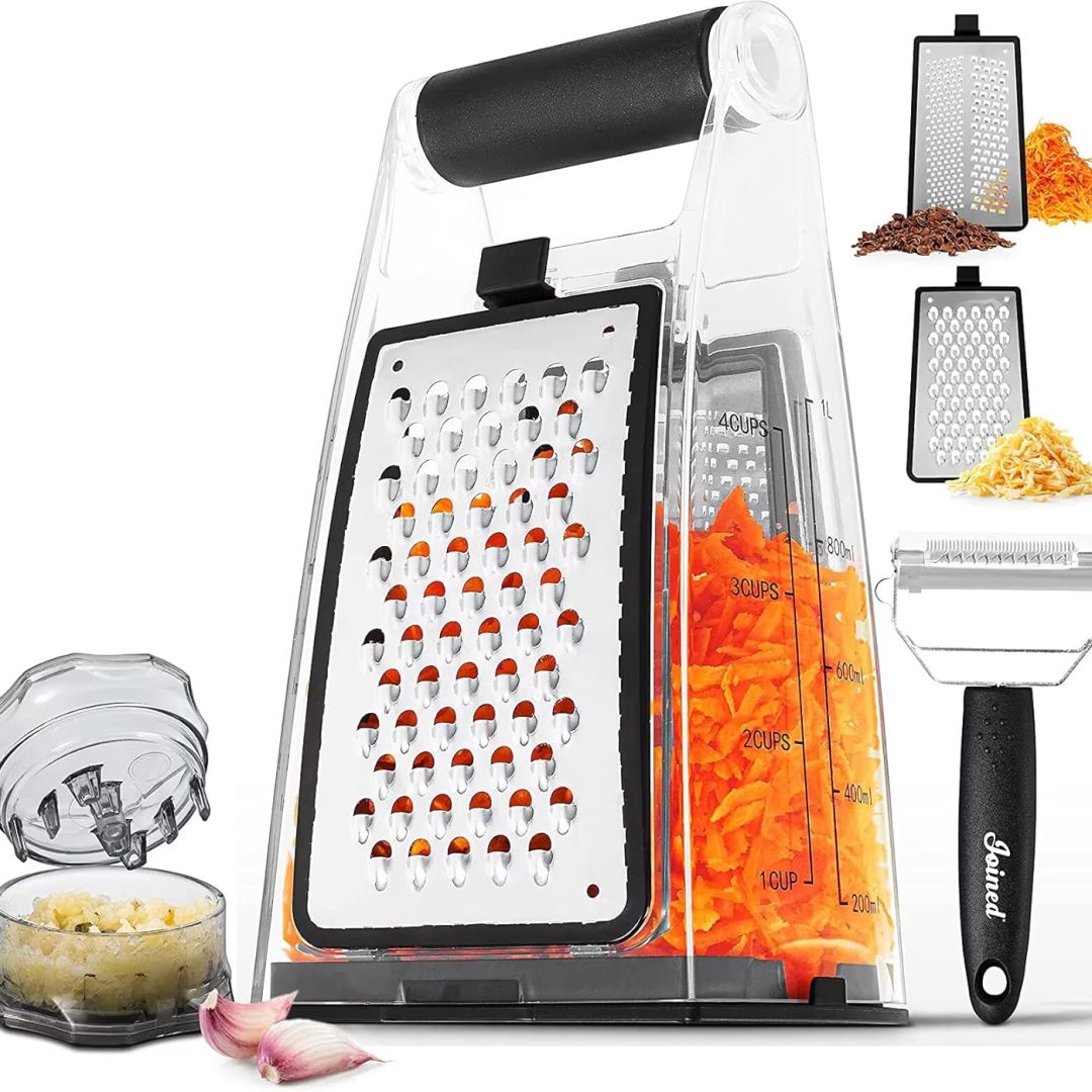 Cheese Grater with Handle – Graters for Kitchen Stainless Steel Food Grater – Garlic Mincer Tool and Vegetable Peeler