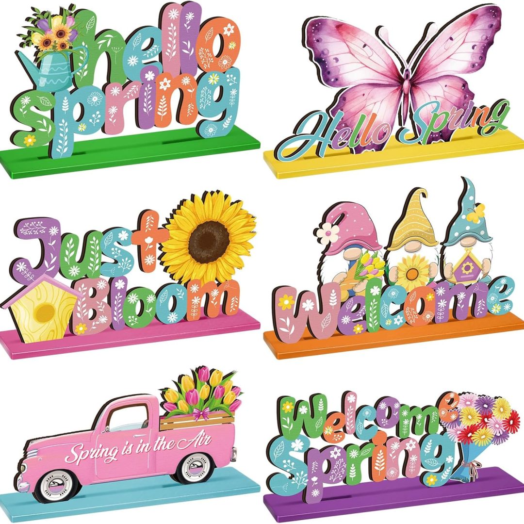6-Pc Wooden Spring Table Centerpieces – Flower, Gnome & Butterfly Farmhouse Decor
