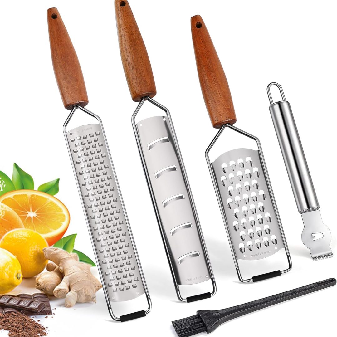 Cheese Grater Zester Set of 5, 304 Stainless Steel with Acacia Wood Handle Kitchen Grater & Peeler & Slicer