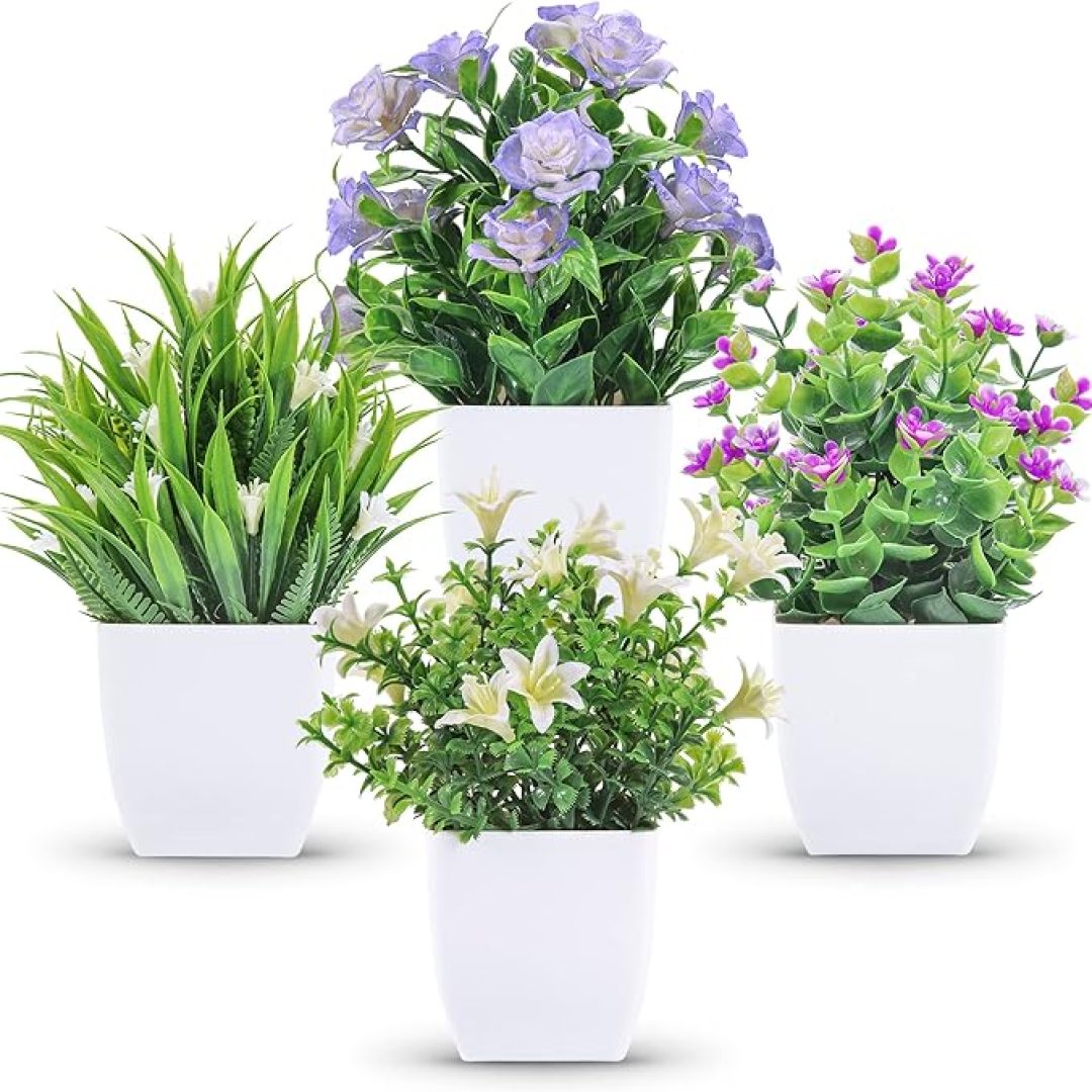 4 Packs Small Fake Plants Mini Artificial Faux Plants with Flowers for Home Room
