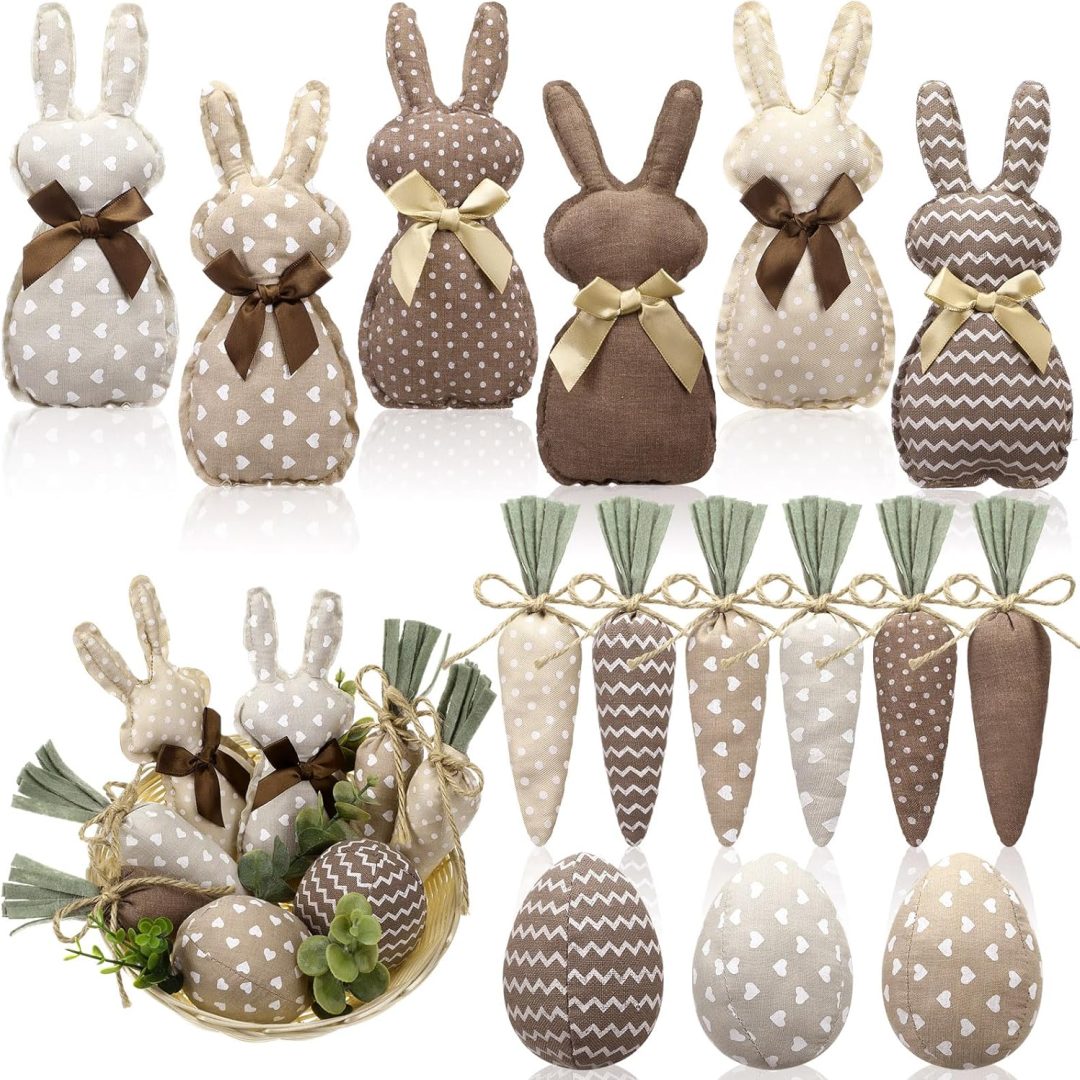 18-Pc Rustic Farmhouse Easter Bunny Set – Fabric Bunnies, Carrots & Eggs for Table & Tray Decor