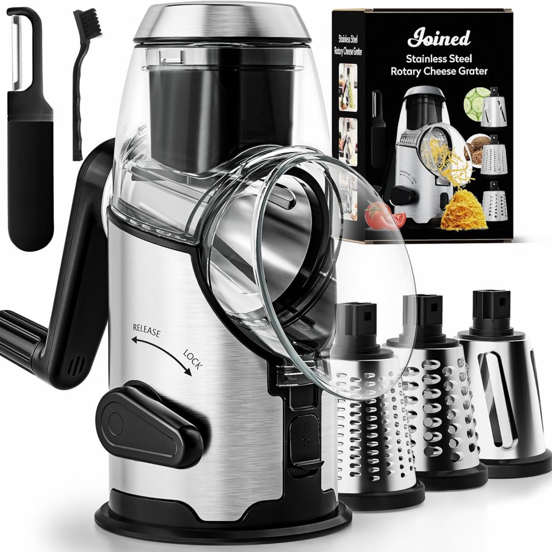 Rotary Cheese Grater with Handle – Mandoline Slicer with 3 Stainless Steel Drum Blades