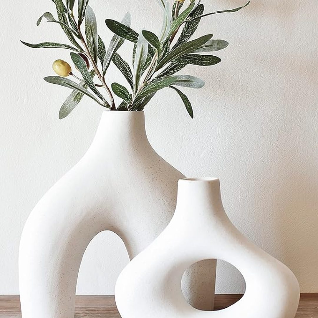 Set of 2 – Minimalist Nordic, White Ceramic Hollow Donut Vase Decor